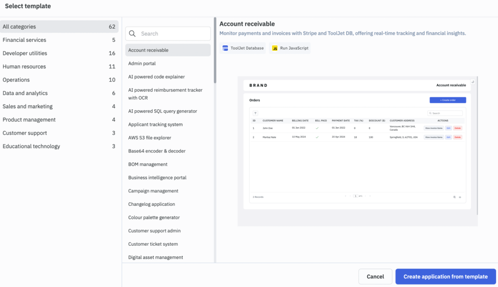 Pre-designed templates to build apps and internal tools faster in LCNC platform