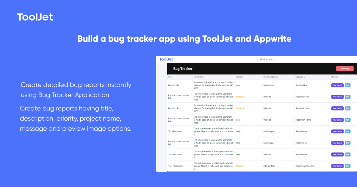 Build a Bug tracker App Using ToolJet and Appwrite