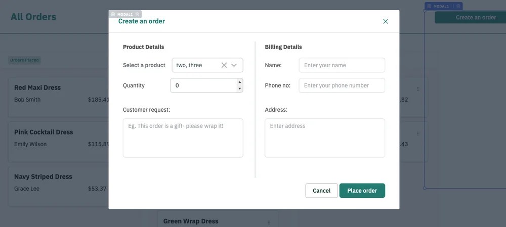 Create an order -  google sheets