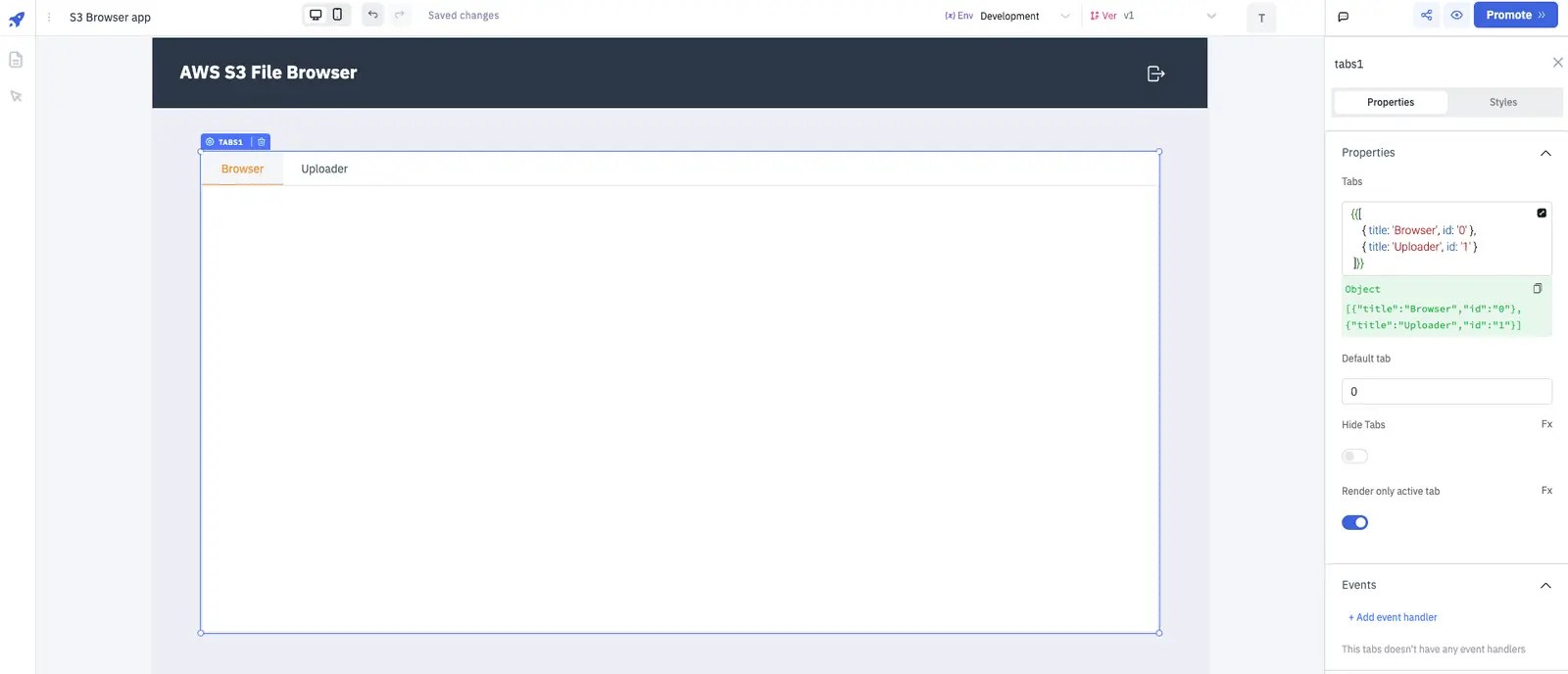 Tabs component and access its properties - aws s3 browser