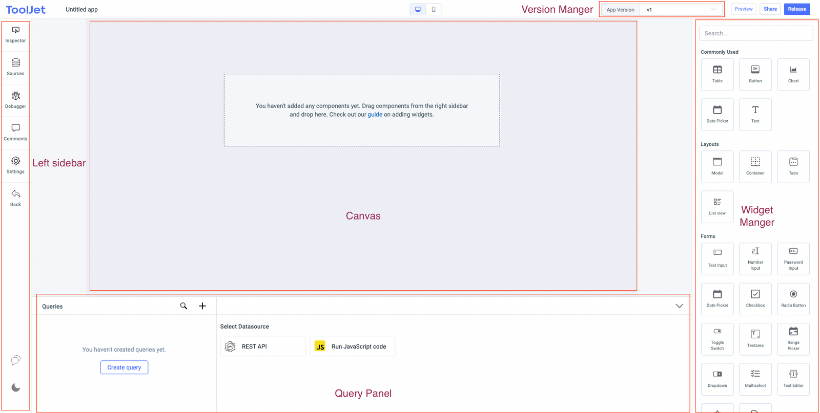 ToolJet app editor parts