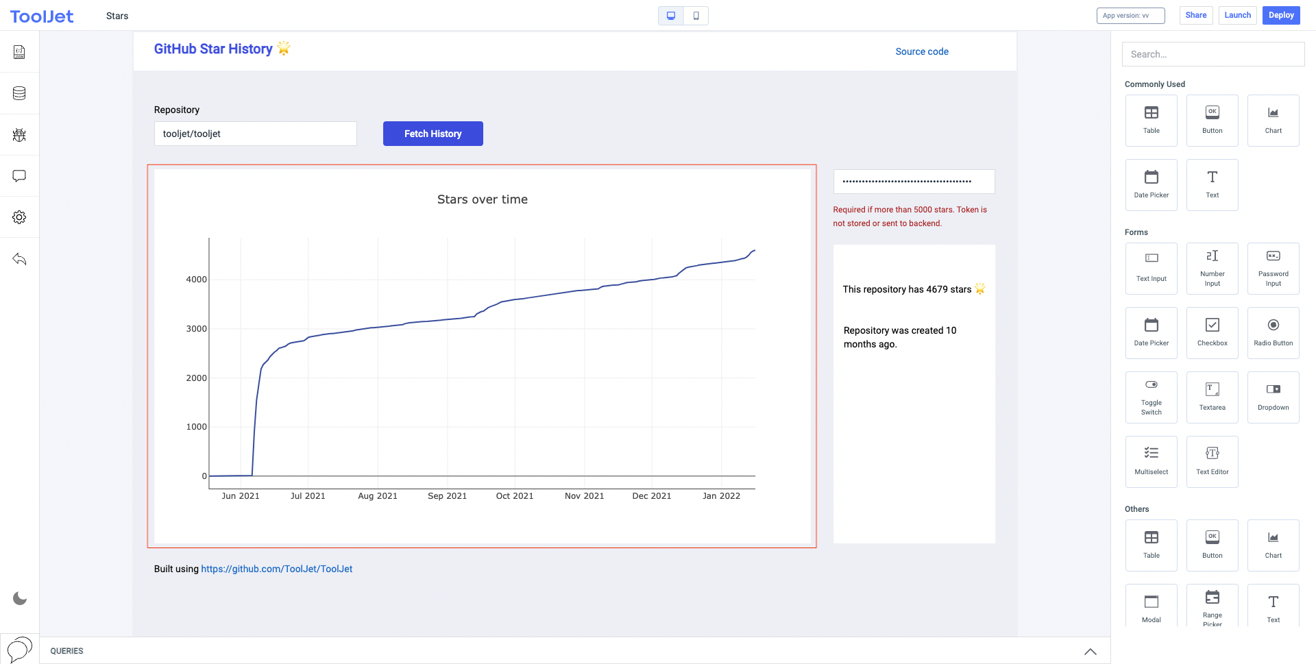 A GitHub Star History chart for tooljet.