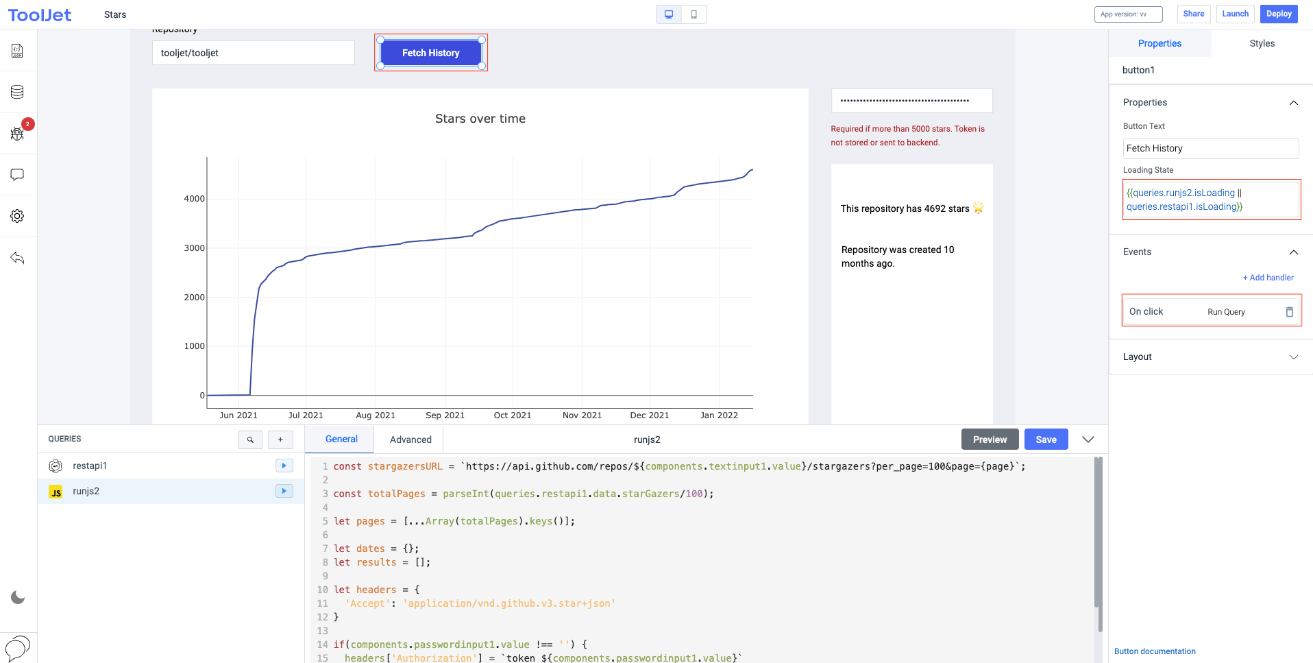 ToolJet application interface showing the GitHub Star History and a query panel below for a REST API call.