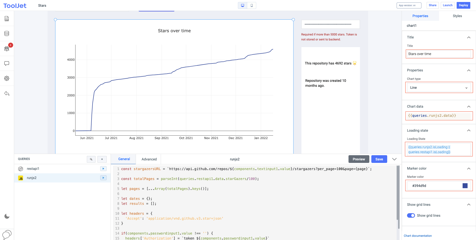 ToolJet application interface displaying the status.
