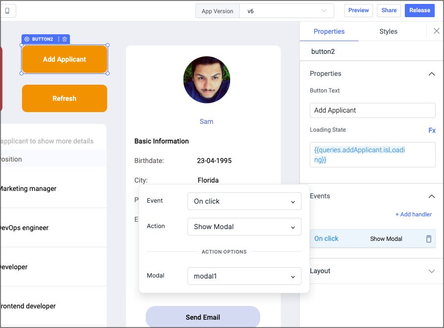 Modal for Add Applicants