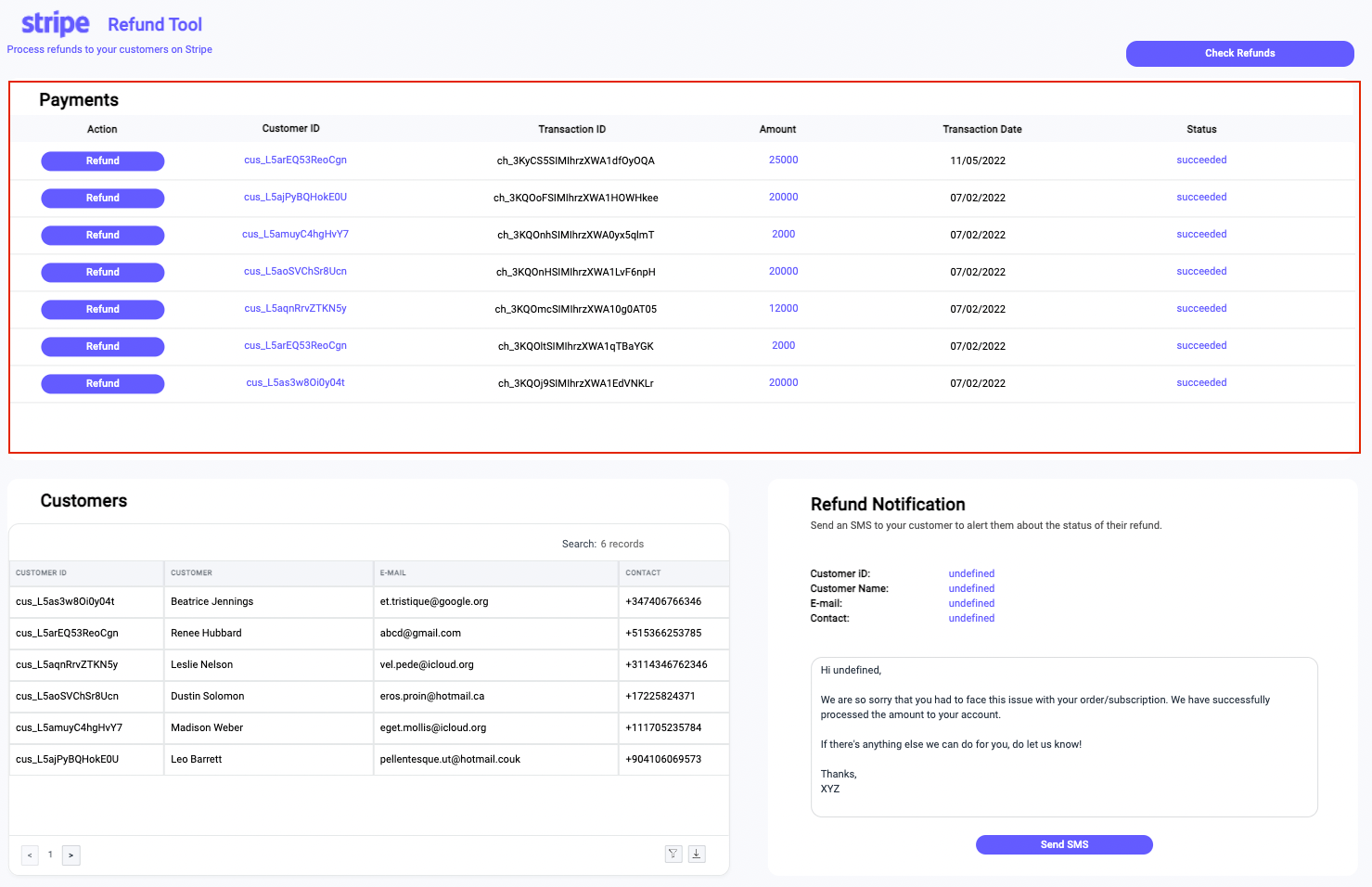 Stripe Refund Tool interface showing payments, customer Id, Transaction Id, ammount, date, status