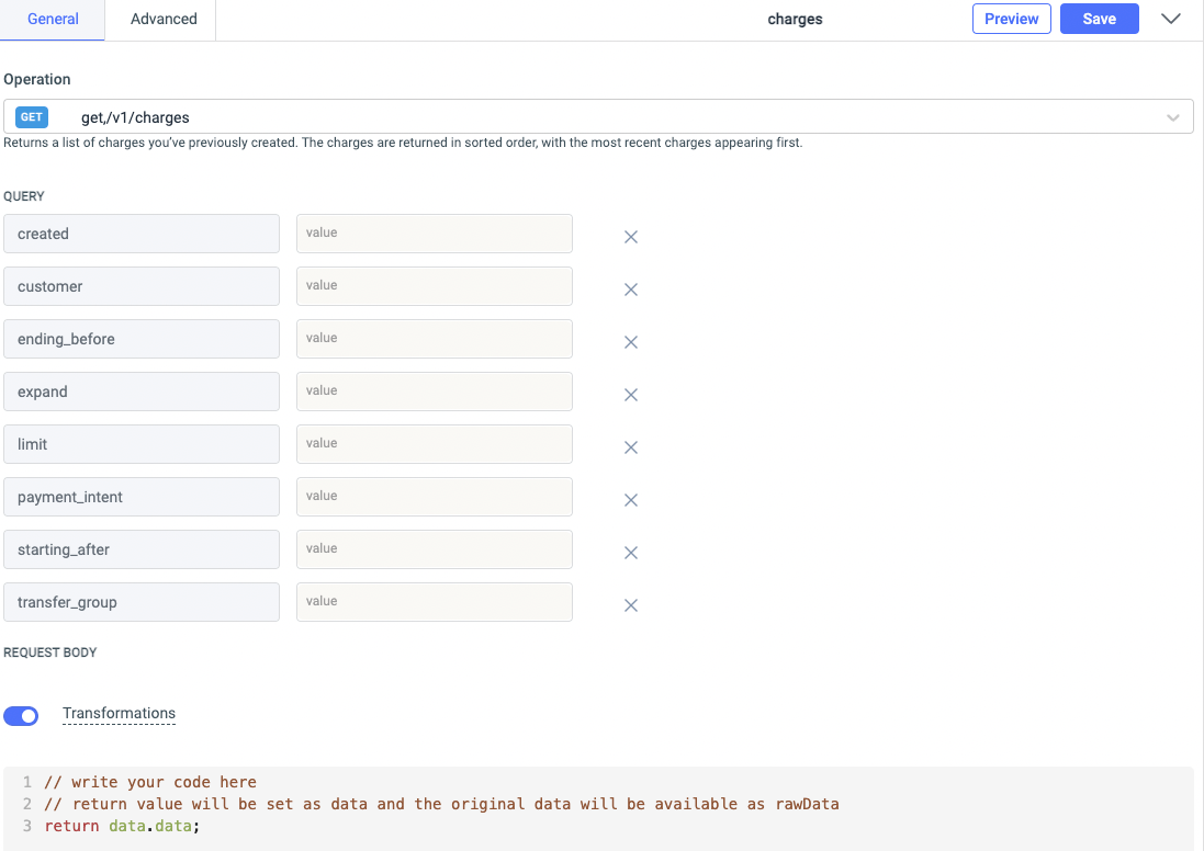 query parameters and a code editor for data transformations.