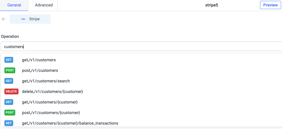 Stripe API configuration panel, showing the available operations for the customers resource