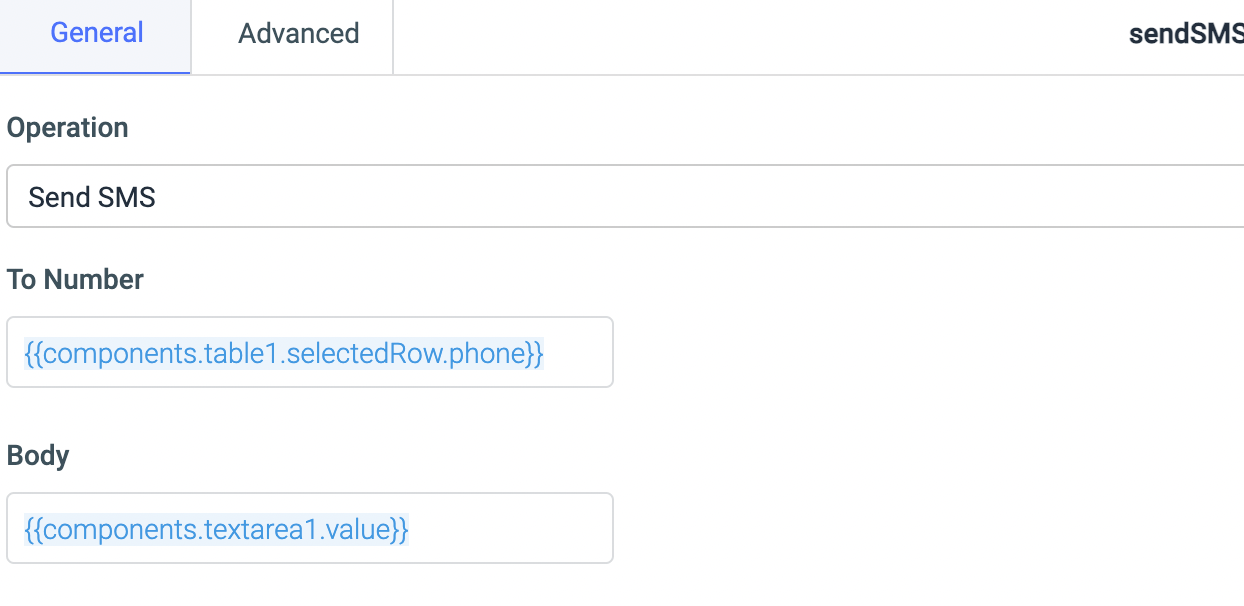 configuration panel for a sendSMS function, showing the To Number and Body fields