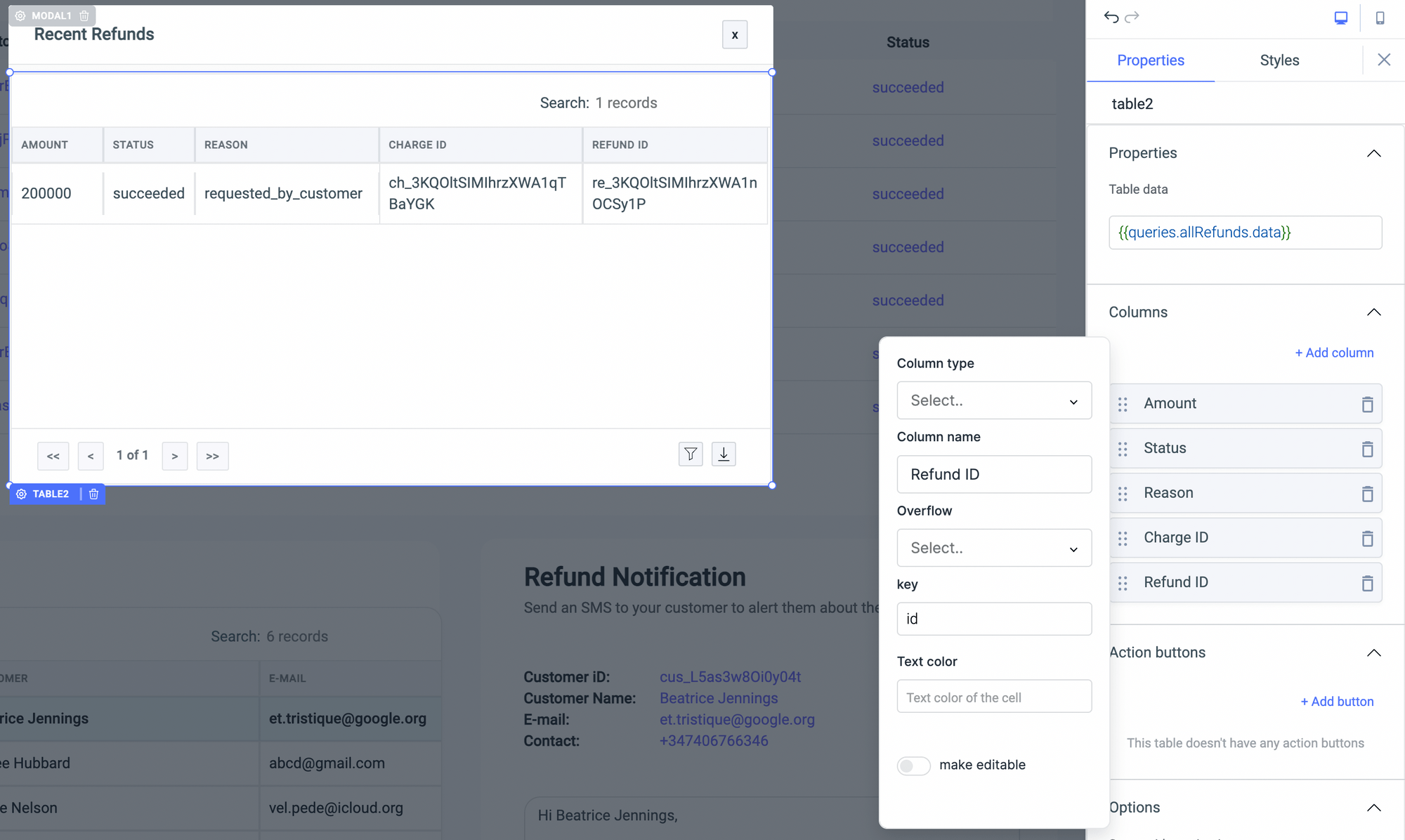 table of Recent Refunds, with columns for Amount, Status, Reason, Charge ID, and Refund ID