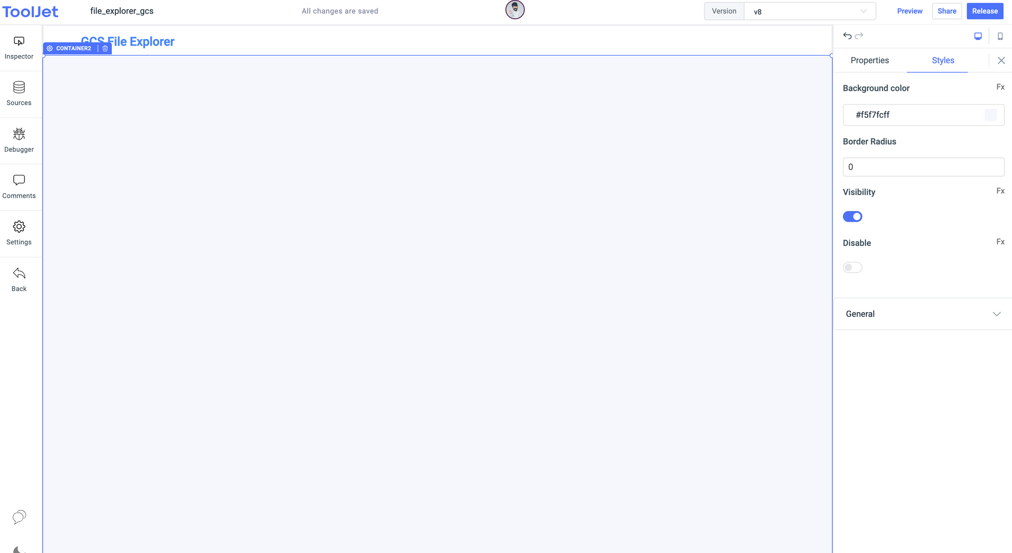 GSC file explorer - sections of the application  -   Google Cloud Storage