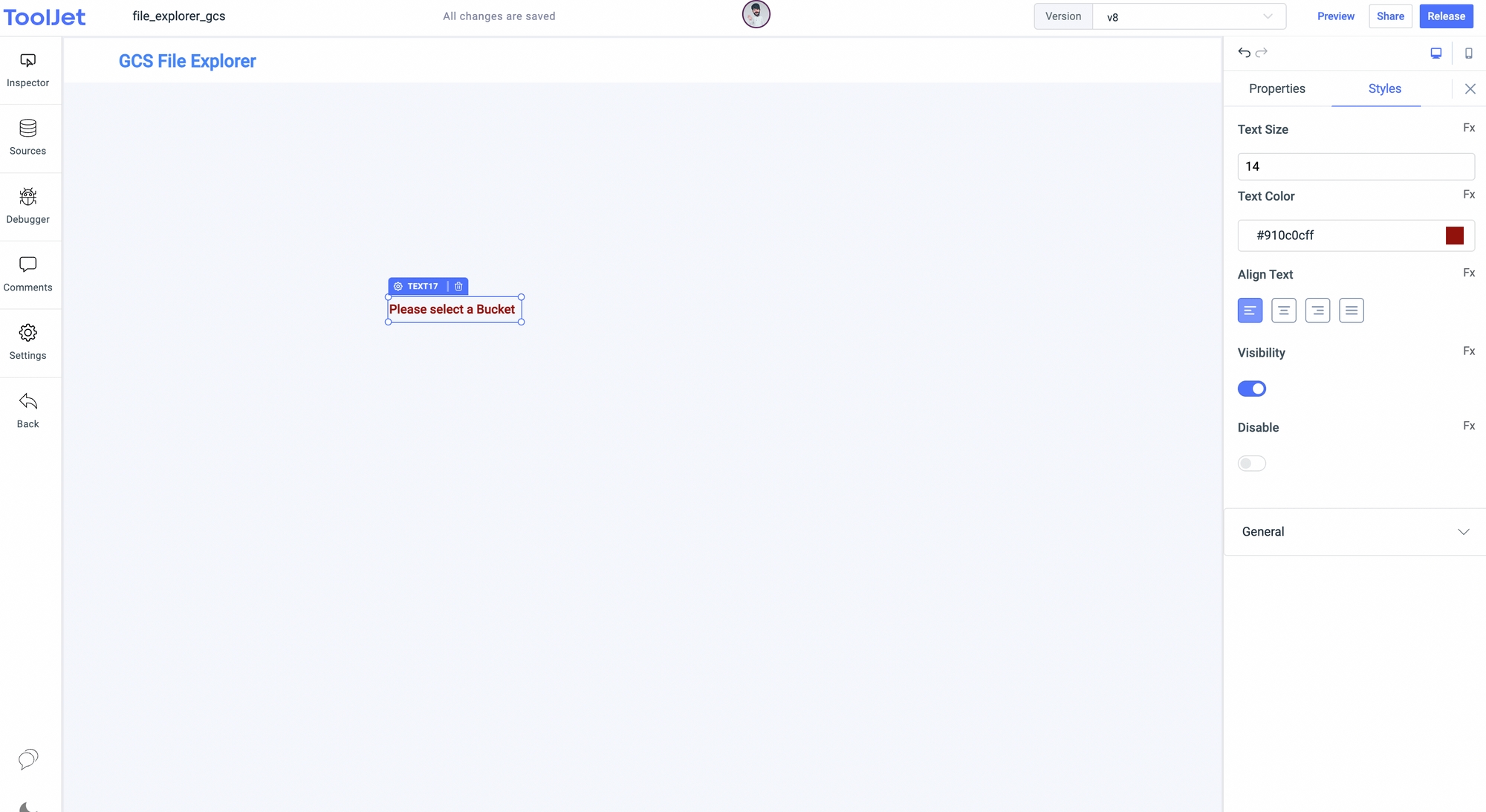 GSC file explorer - select a bucket text - Google Cloud Storage