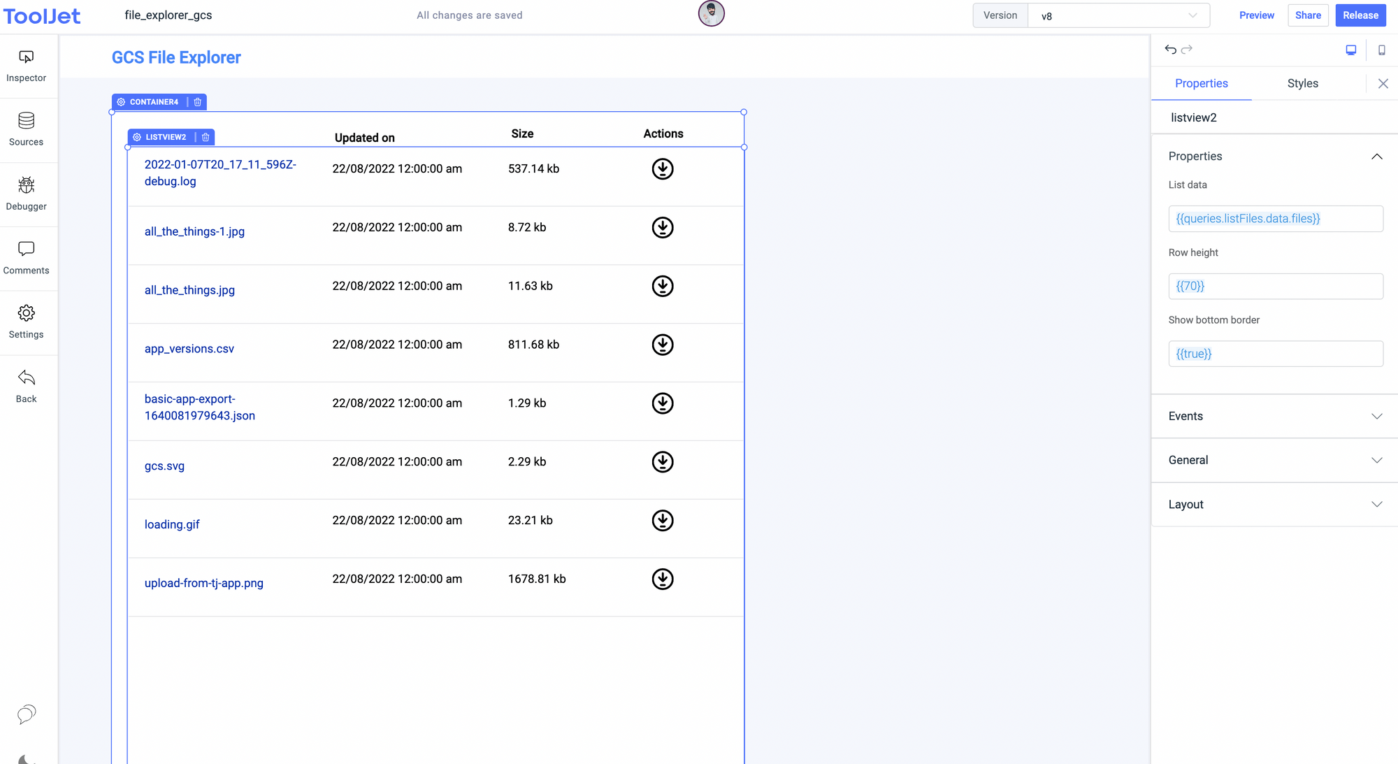 GSC file explorer - widgets to set columns name -  Google Cloud Storage