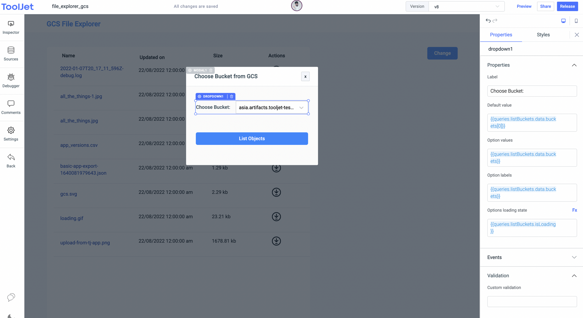GSC file explorer - list of buckets
