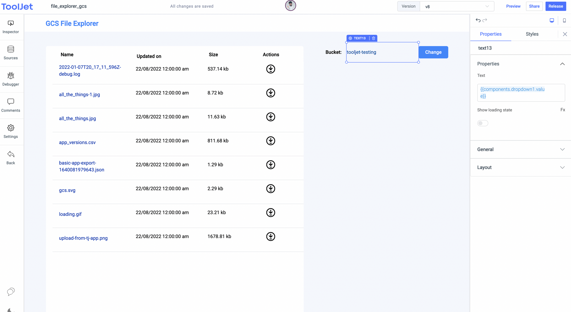 GSC file explorer - showing currently selected bucket.