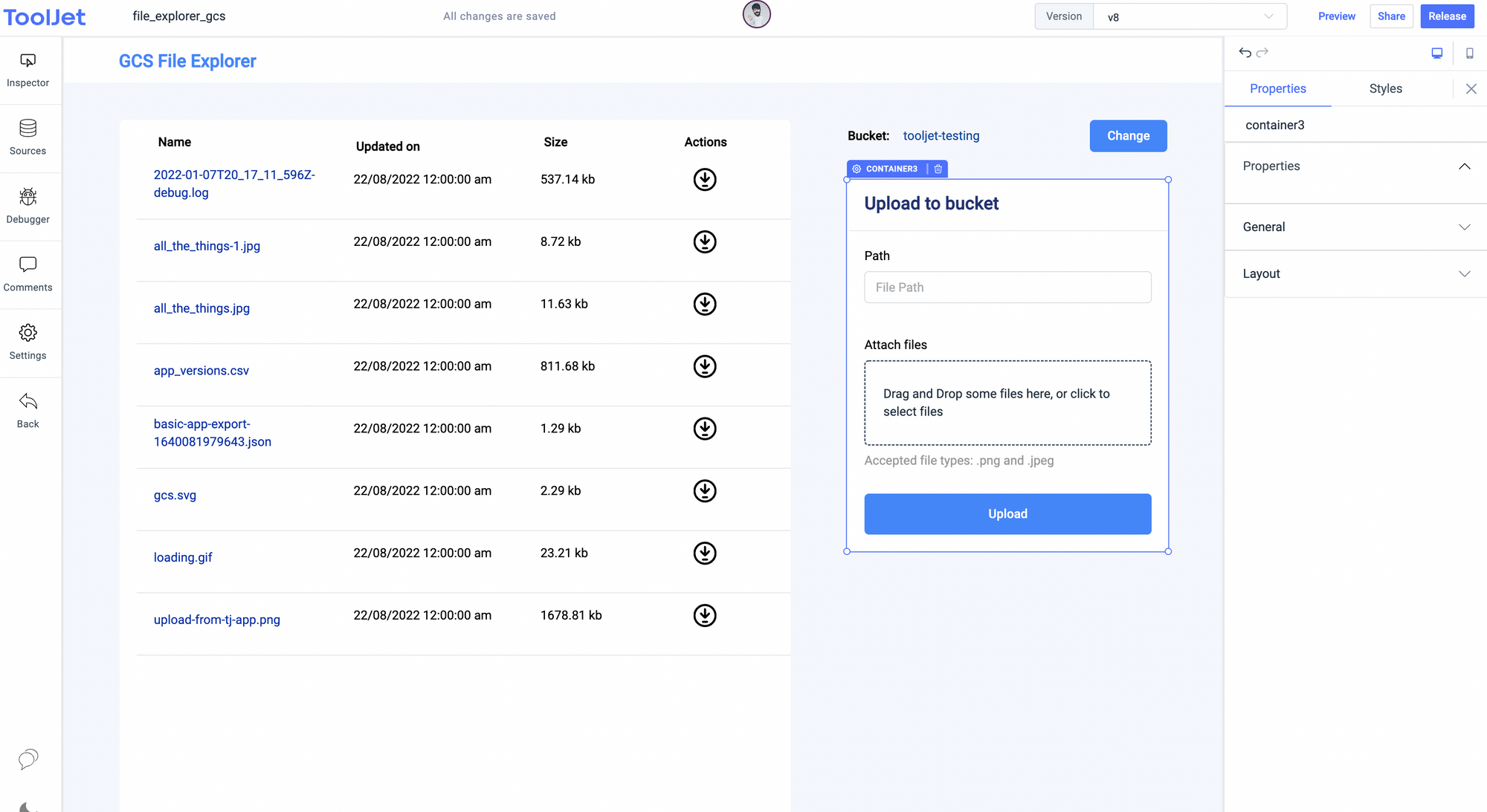 GSC file explorer -  upload section -  Google Cloud Storage