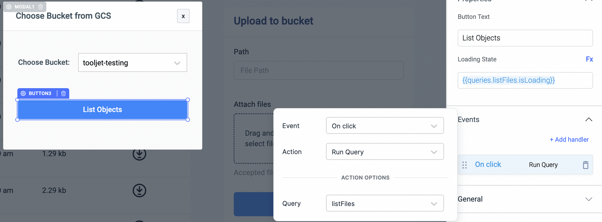 GSC fiel explorer - event handler for running the list Files query - Google Cloud Storage