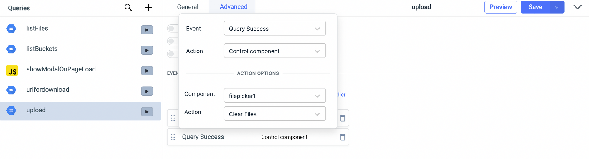 GSC file explorer - event handler to set component specific action - Google Cloud Storage