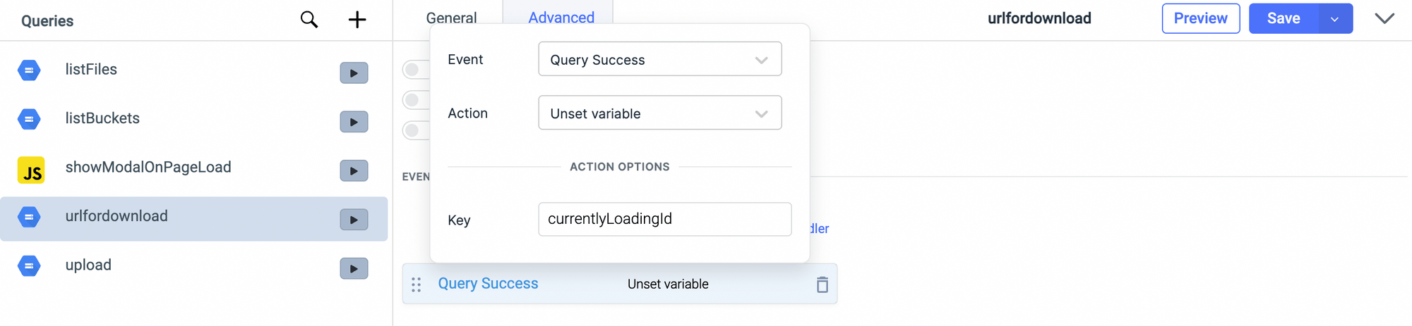GSC file explorer - event handler to unset a variable - currently LoadingId - Google Cloud Storage