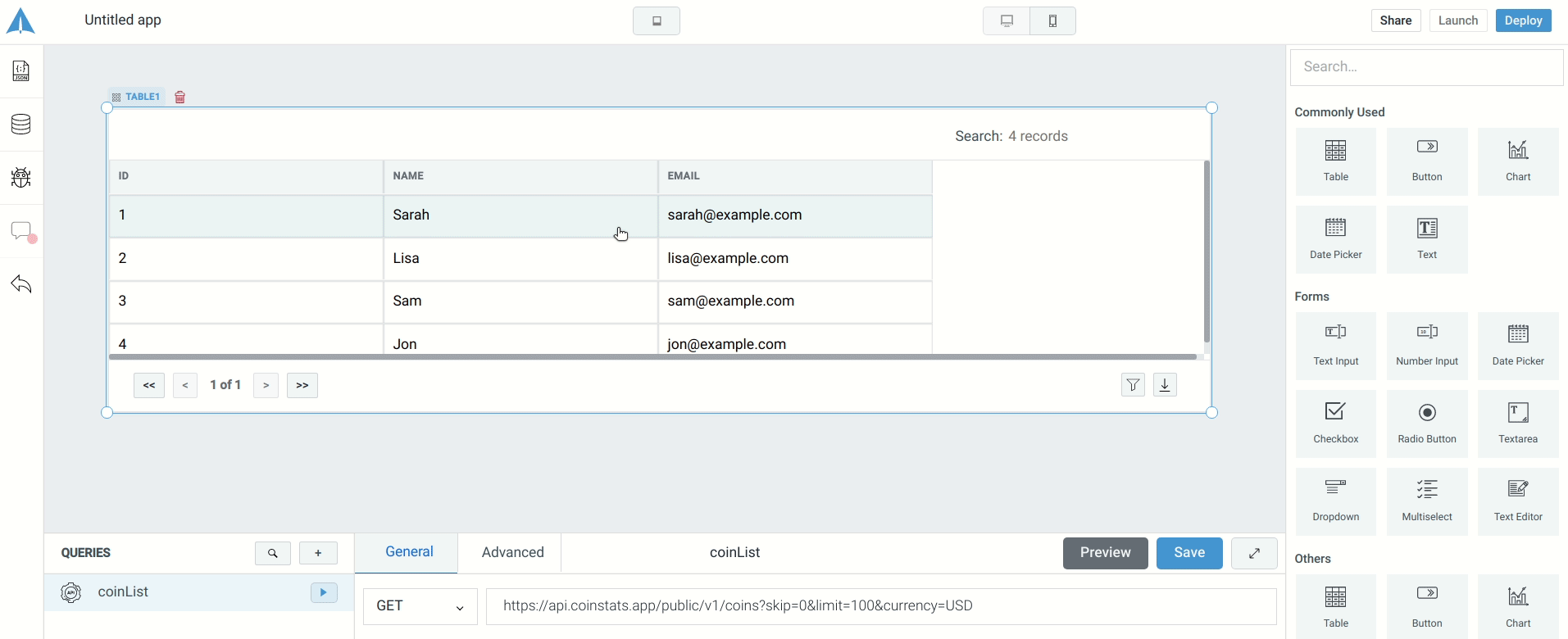  query can be fed into the table using its inspector panel - cryptocurrency dashboard