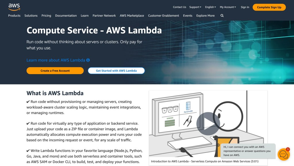Amazon Web Services (AWS) product page for AWS Lambda, a serverless compute service.