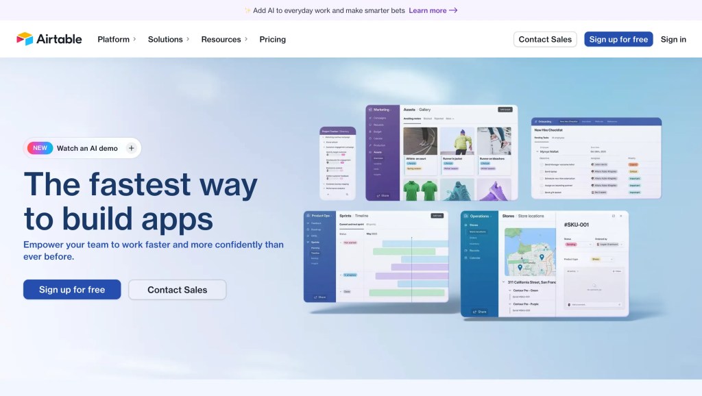 Airtable website, a cloud-based platform for building collaborative applications.