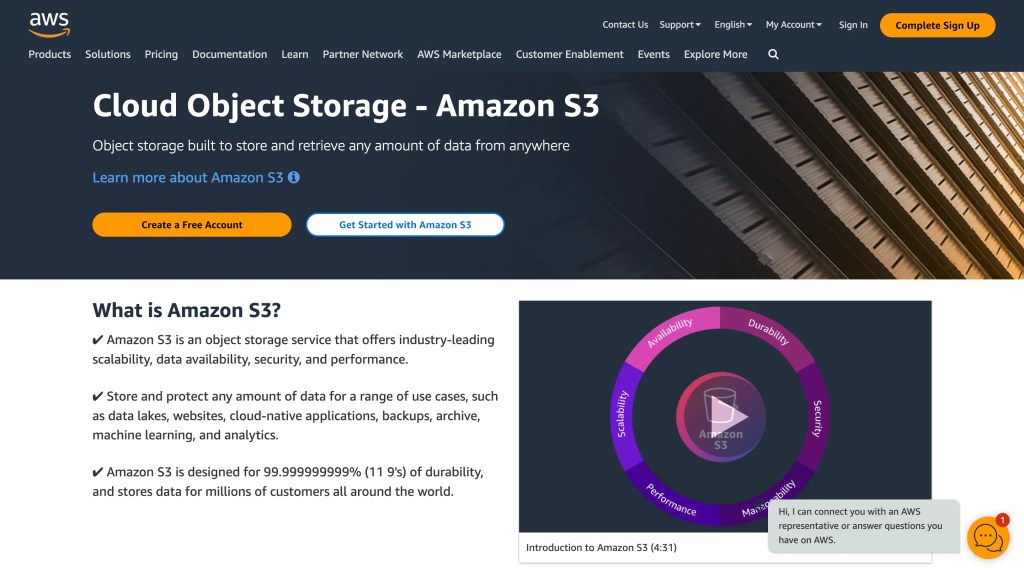 Amazon Web Services (AWS) product landing page for Amazon S3, a cloud object storage service.