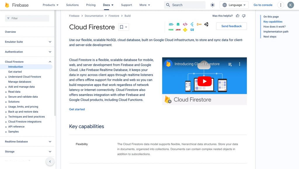 Google Firebase documentation page for Cloud Firestore, a NoSQL cloud database.