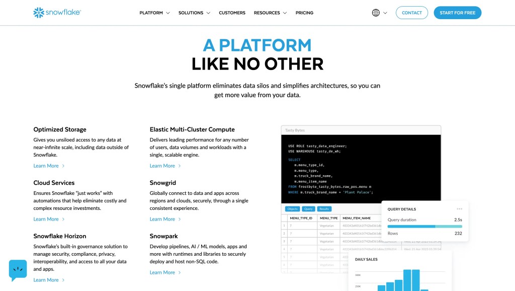 Snowflake website showcasing its data platform features and architecture.