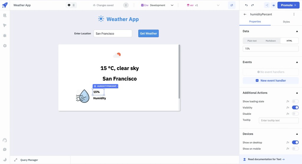 OpenWeatherMap API - location's humidity and wind speed.