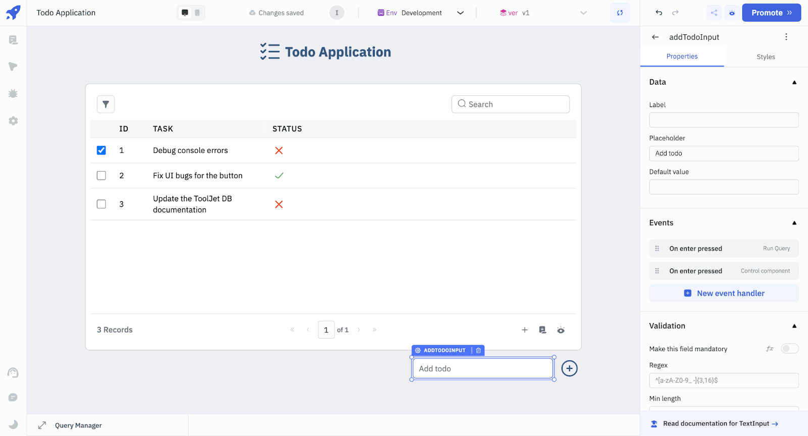 add an event to run the addTodos query and another one to clear the addTodoInput component. - Todo Application