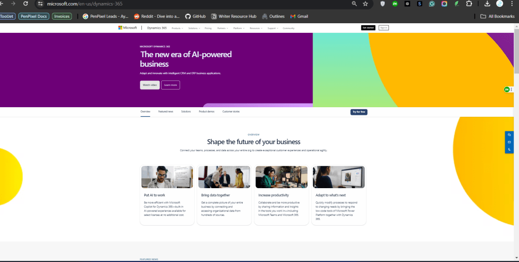 Microsoft Dynamics 365 homepage featuring the new era of AI-powered business.