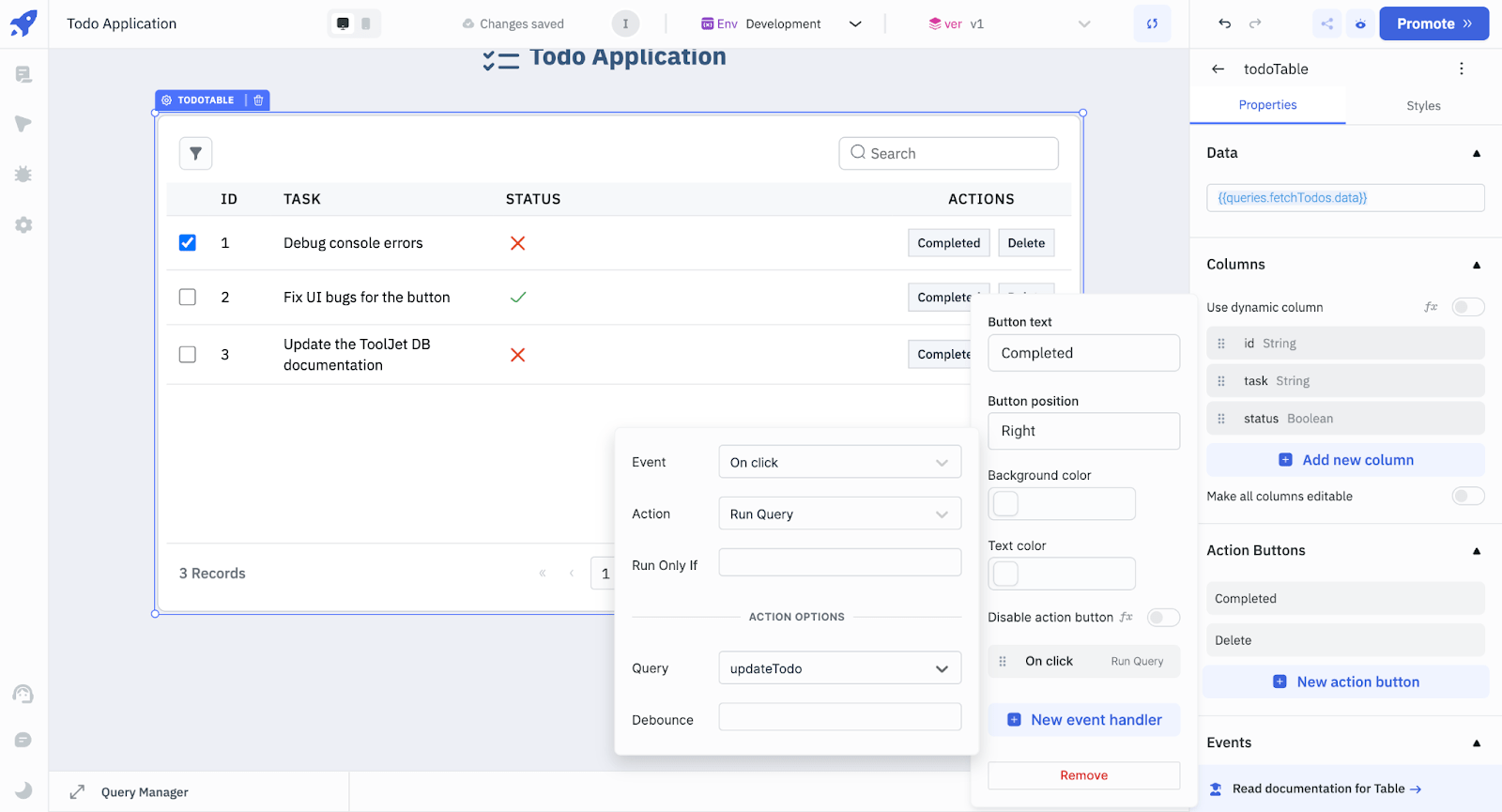 Binding Update and Delete Queries to the Completed and Delete Action Buttons. - Todo Application