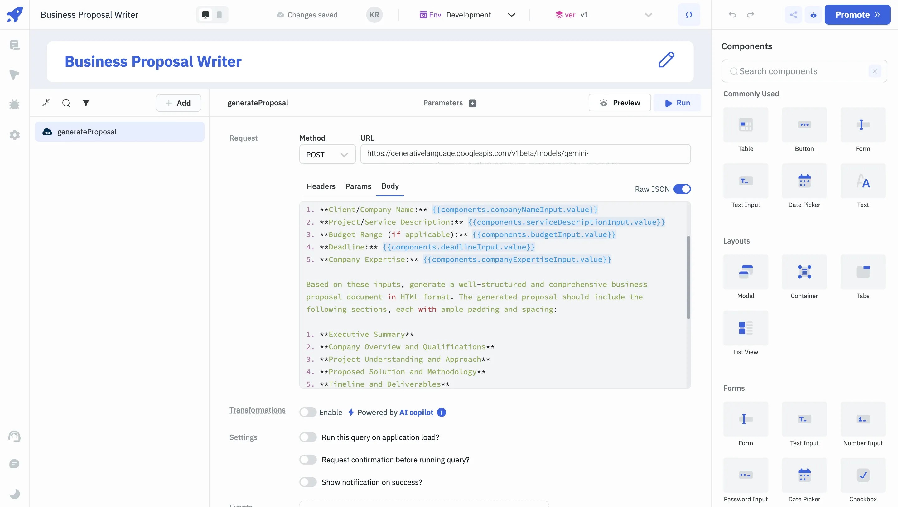 Create a query to connect to Gemini API - ai business proposal