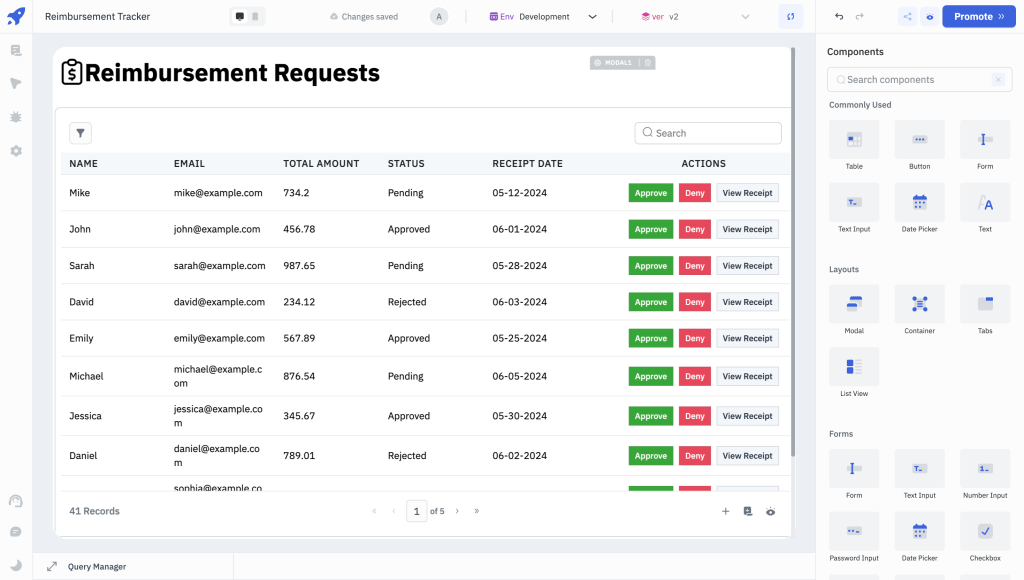 low-code internal tool builder featuring a "Reimbursement Requests" dashboard.