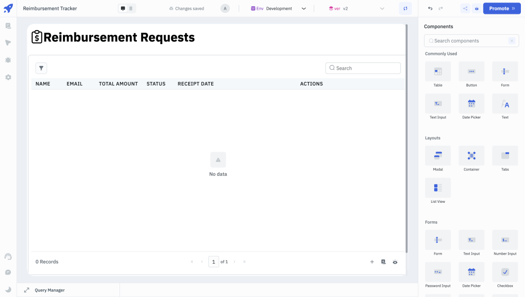 The main workspace contains an empty data table with headers for Name, Email, Total Amount, Status, and Receipt Date.