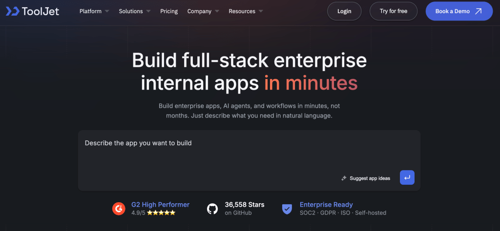 ToolJet homepage: Retool vs. Appsmith