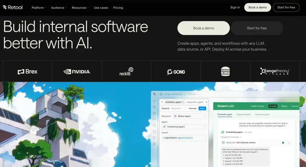 Retool website homepage with the headline build internal software better with AI.