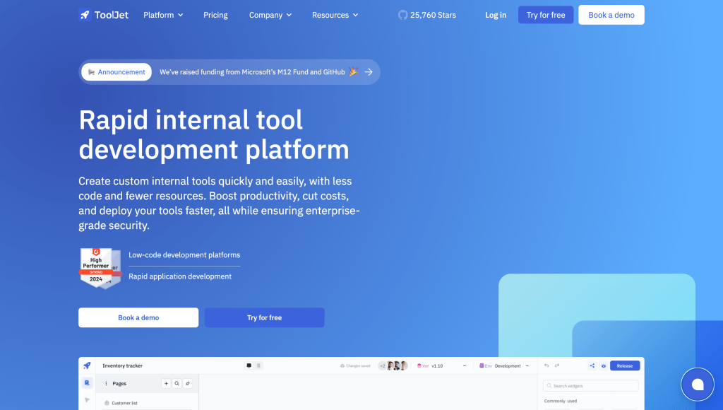 ToolJet homepage - build  business applications