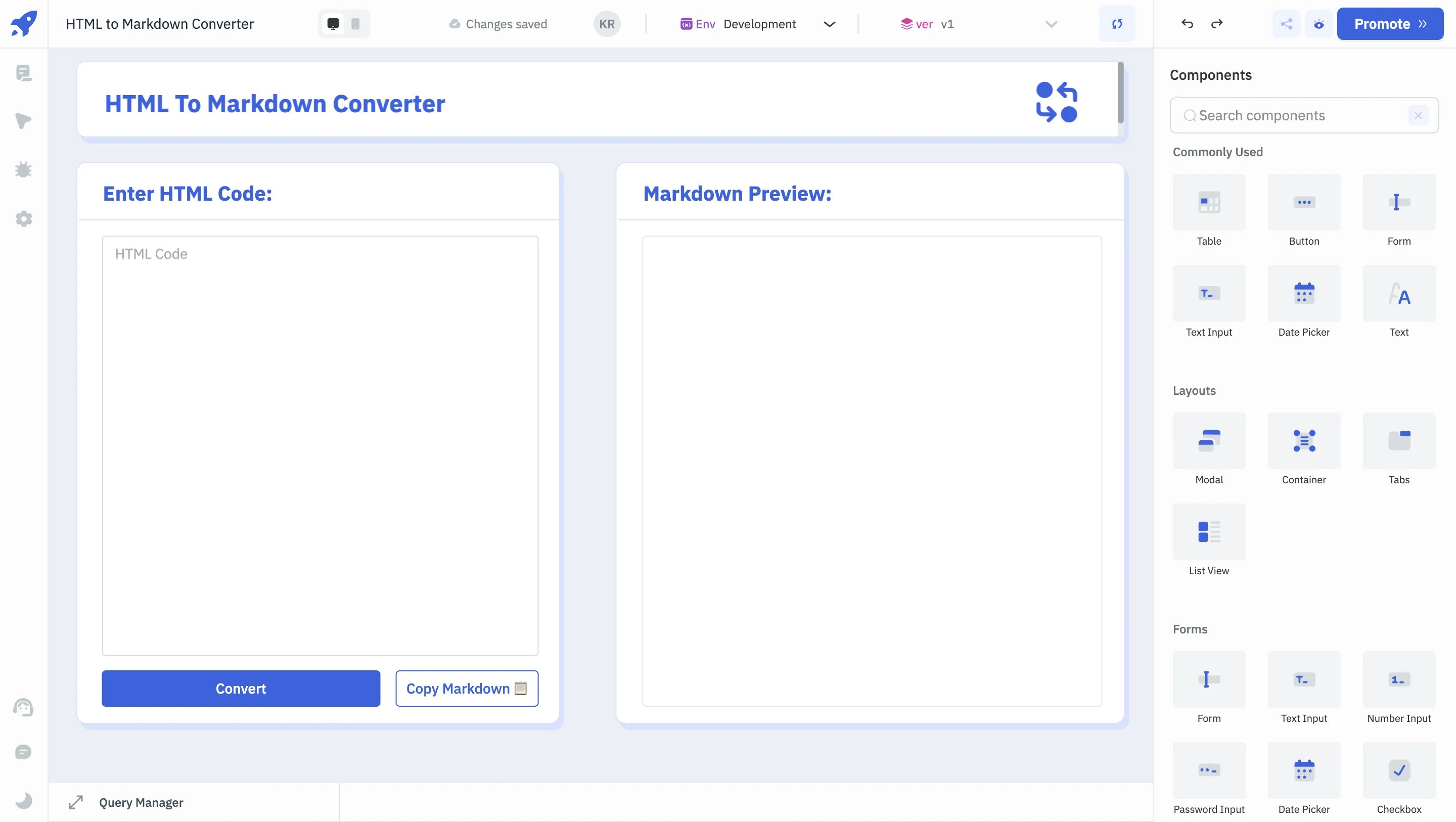 Add a Button component labeled "Convert" - html to markdown