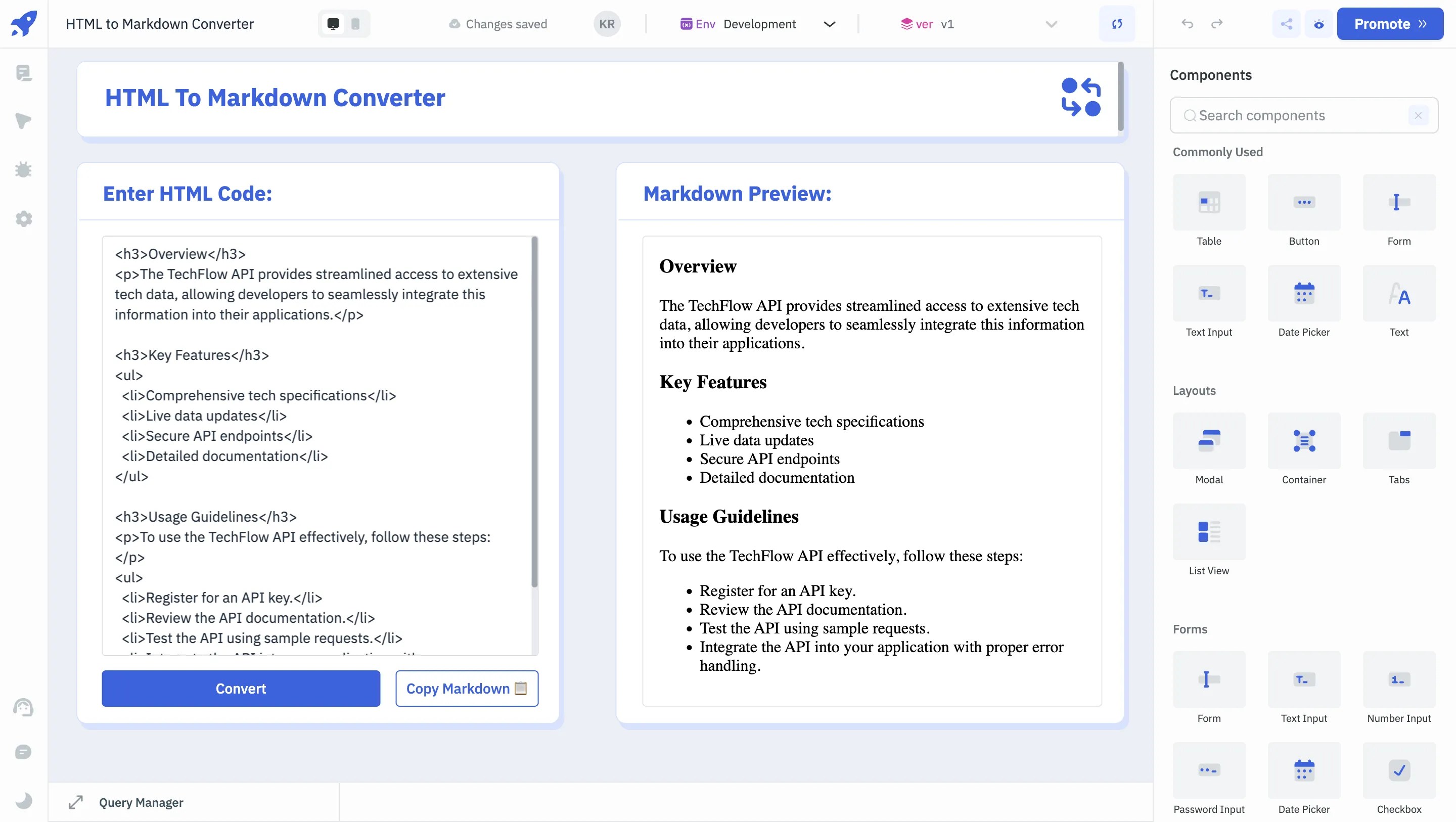 Test the application by entering various HTML snippets - html to markdown