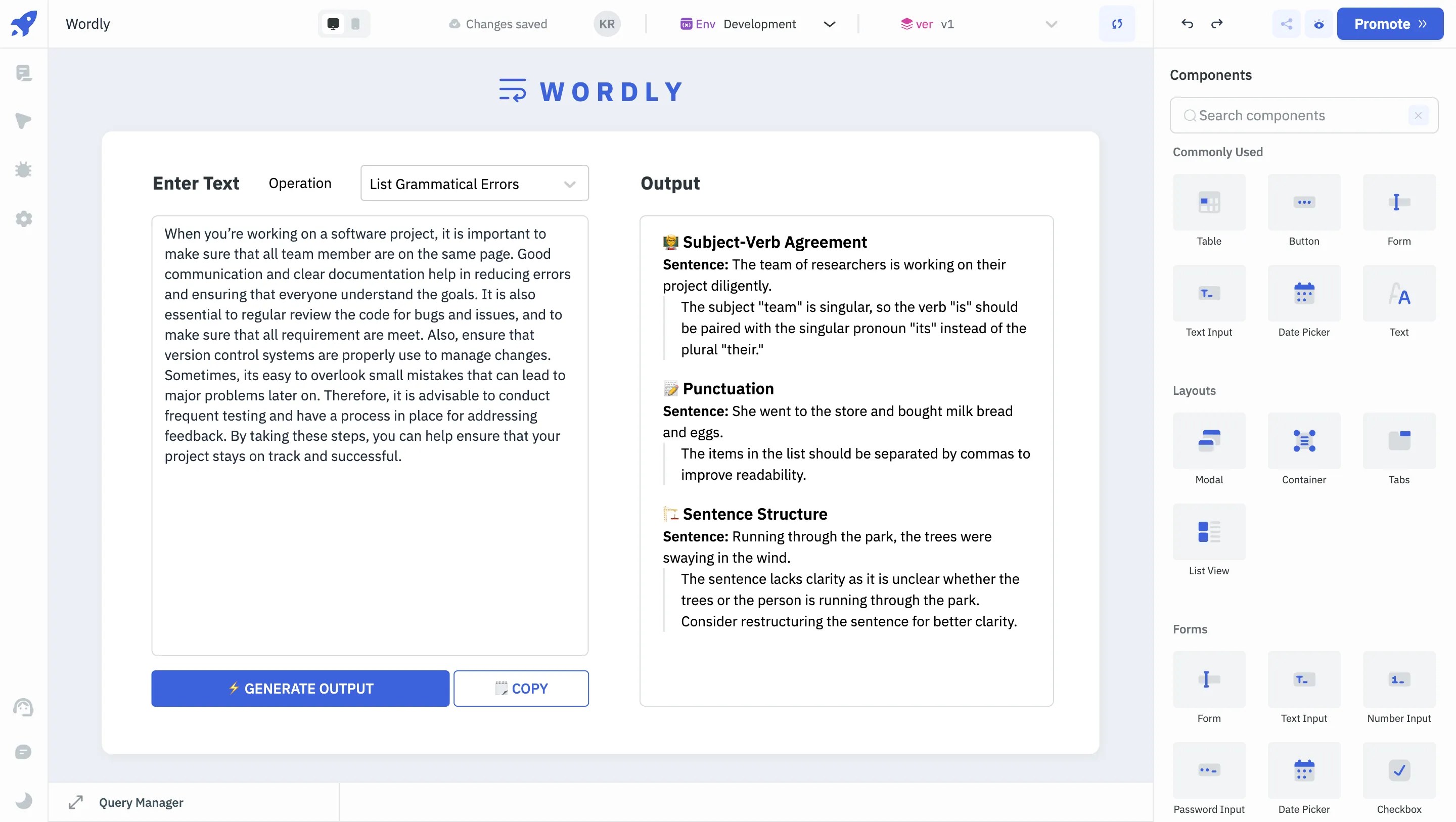 Wordly web application interface showing a grammar checker tool with an input text box and a generated output panel.