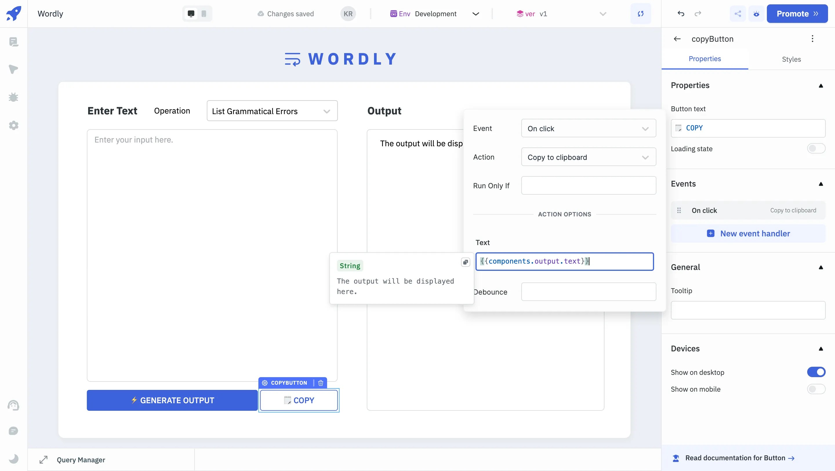 Wordly application showing an event handler configuration for the COPY button that copies the content of the output component to the clipboard when clicked.