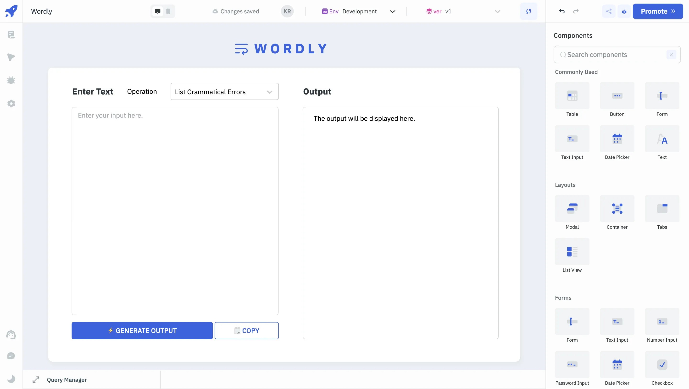 Wordly web application interface featuring an empty text input field and an output section.