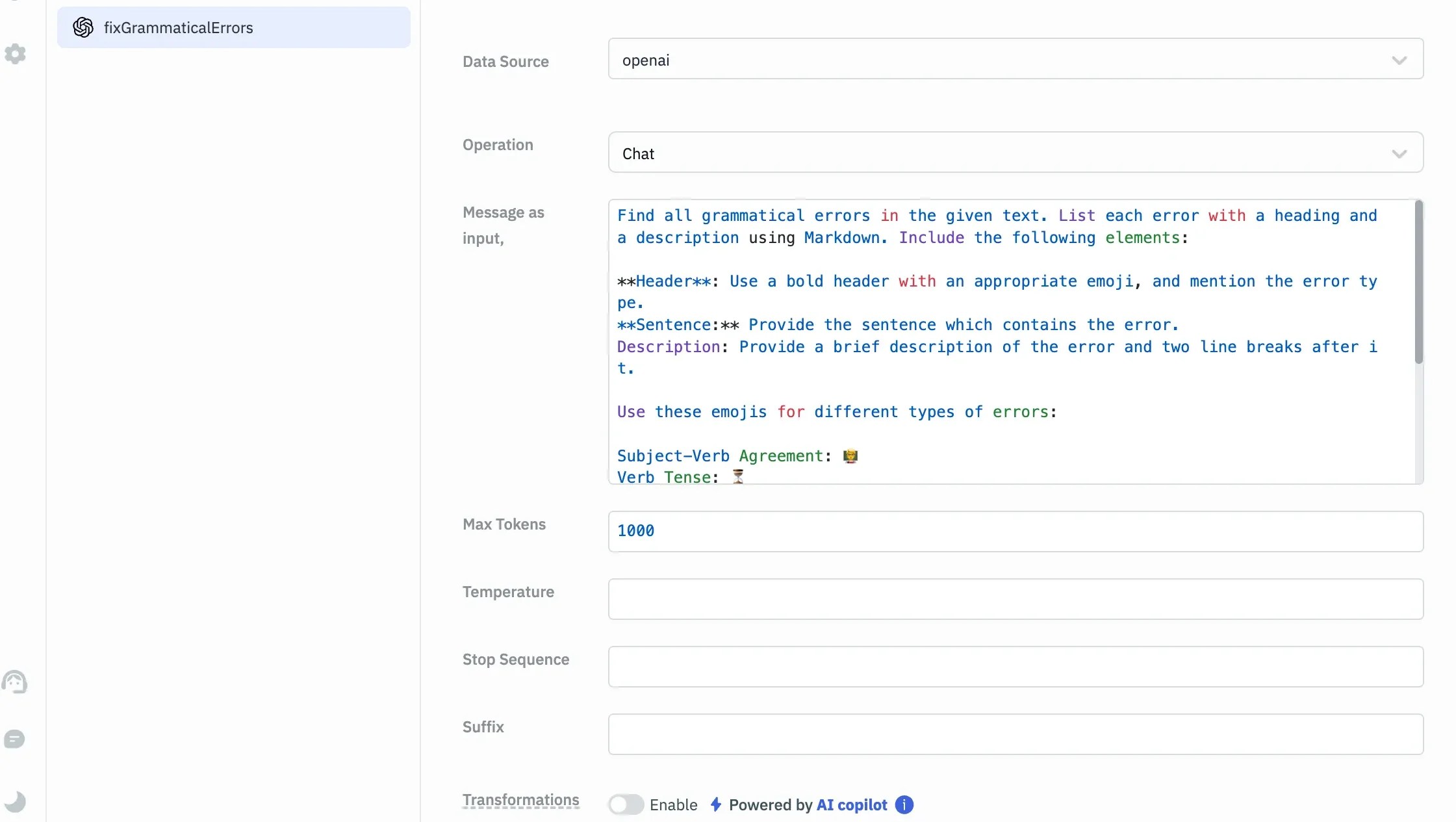 showing a prompt instructions field for finding and formatting grammar errors.