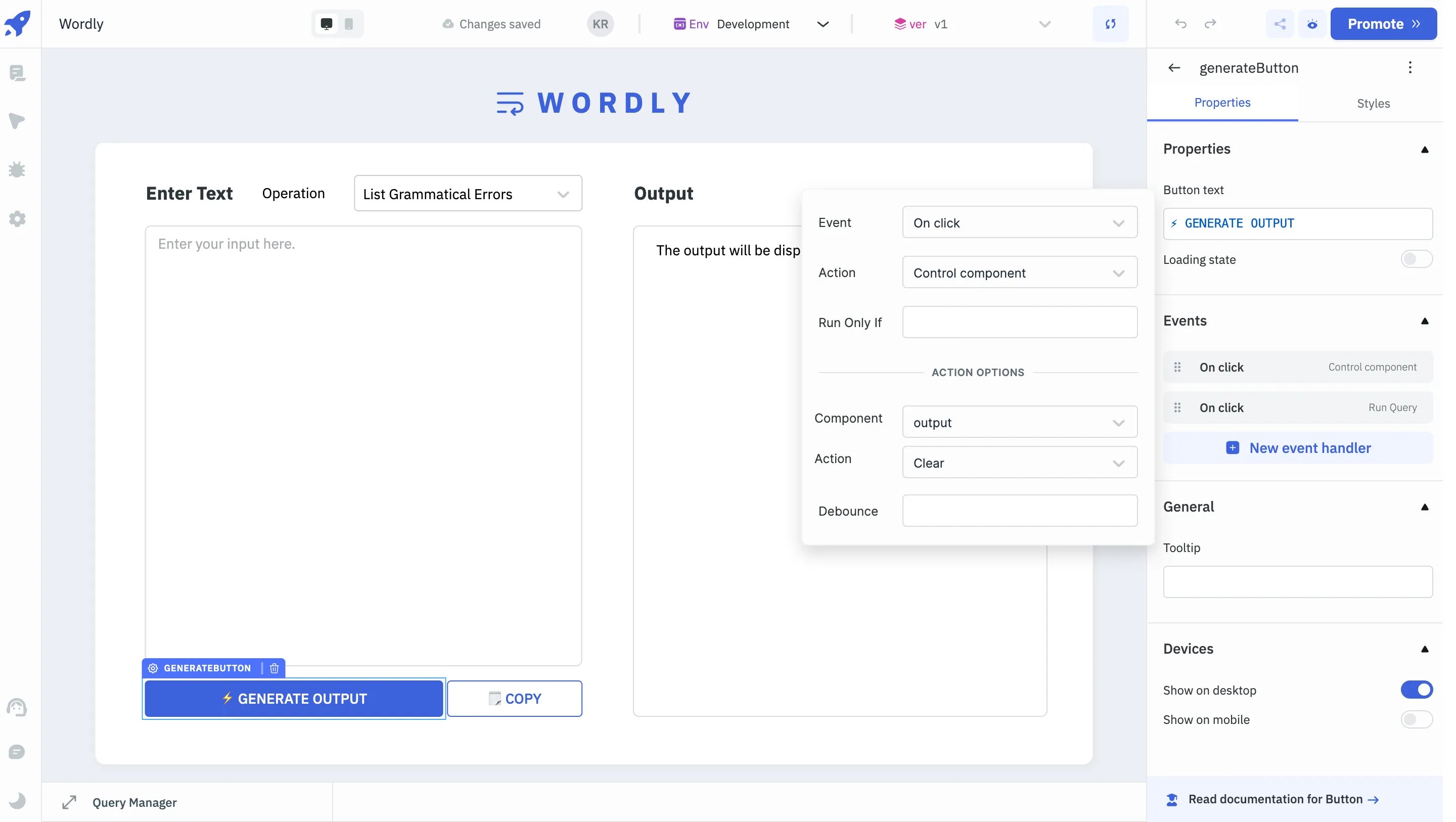 Wordly application showing an event handler configuration for the "GENERATE OUTPUT".