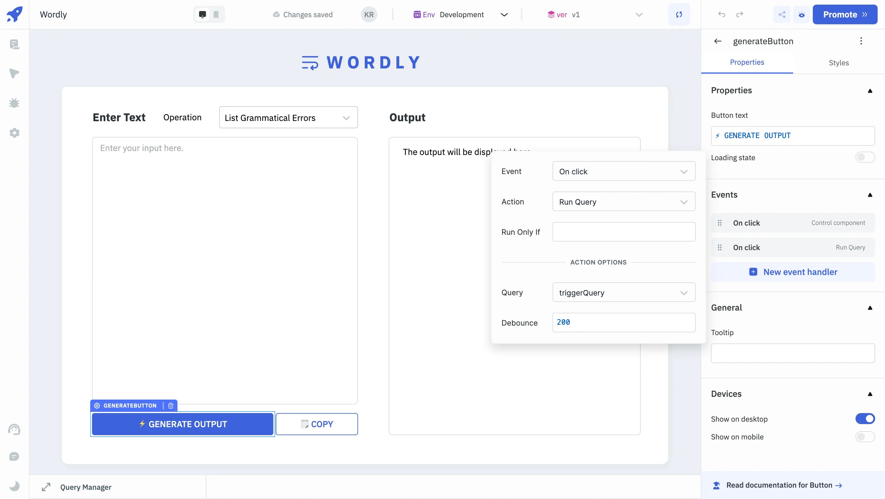 an event handler configuration for the GENERATE OUTPUT button that triggers the triggerQuery script when clicked.