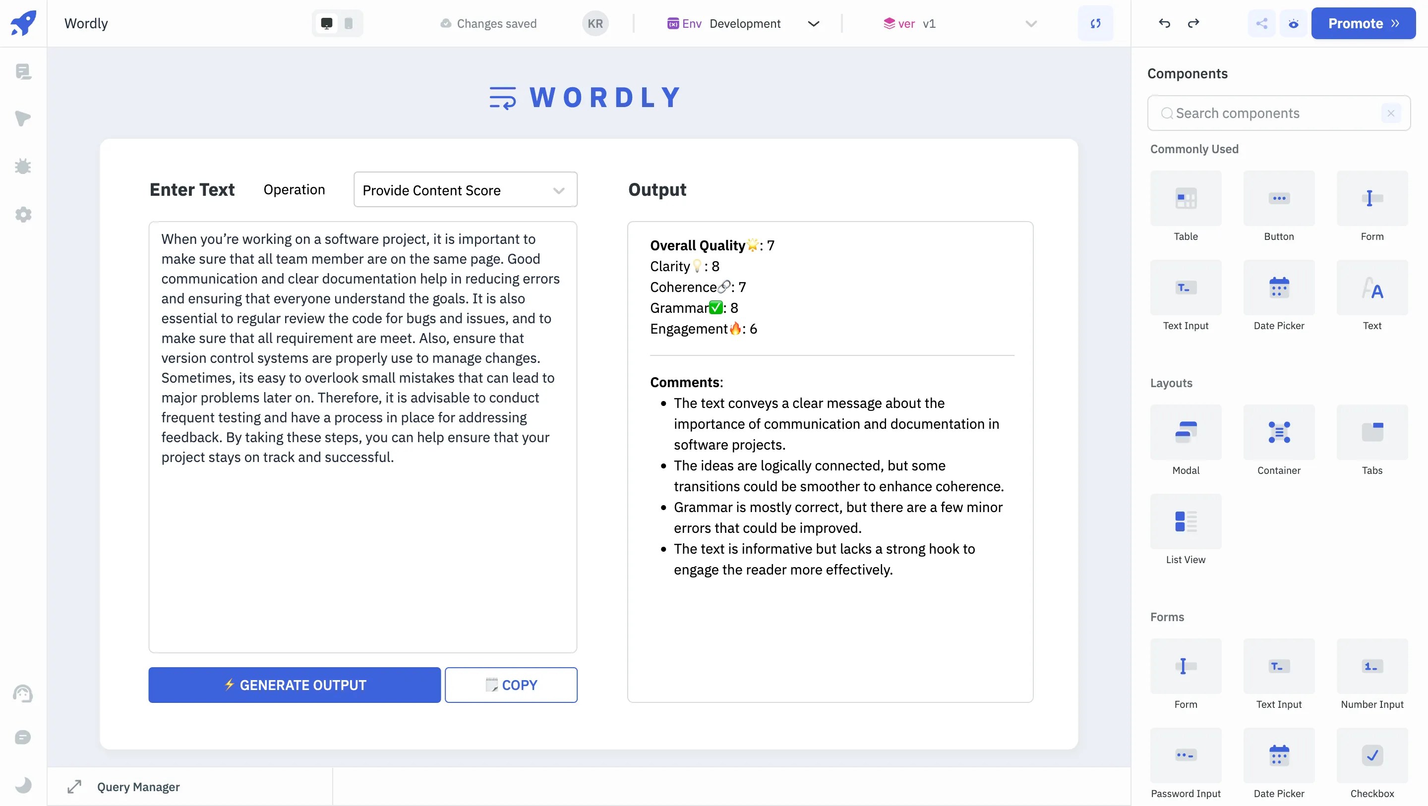Wordly application interface showing the "Provide Content Score".