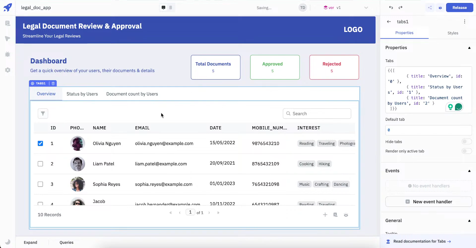 User Interface of Dashboard Page