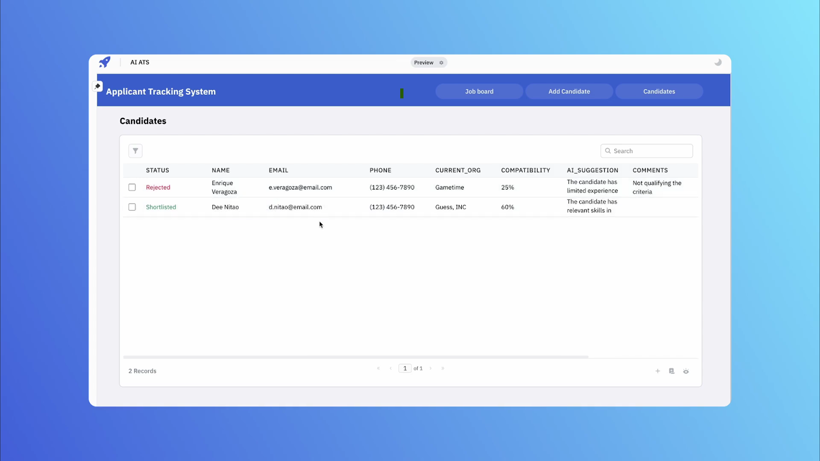 A Screenshot of the candidates page of ATS application - AI-assisted Applicant Tracking System (ATS)